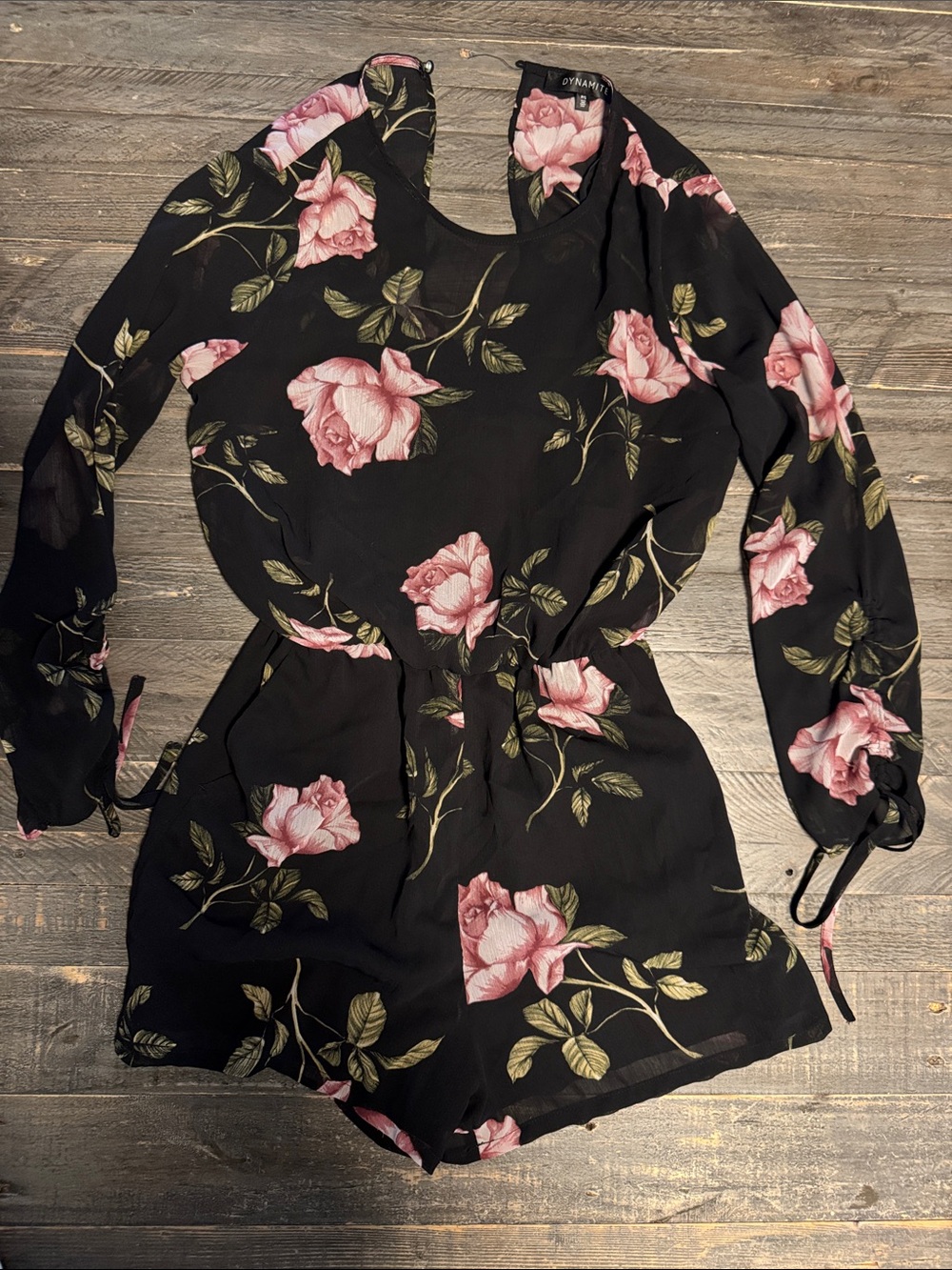 Dynamite | Black Floral Long-Sleeve Romper with Pink Roses